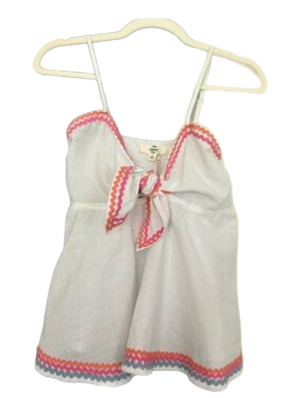 Entro White Linen Tie Front A Line Tank W/Rick Rack Hem & Smocked Back Sz M